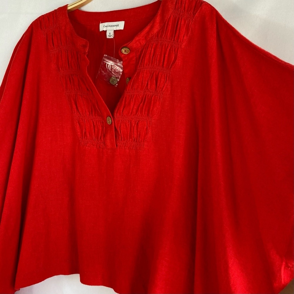 Calligraphie Linen Blend Boxy Kimono Top Women Size S Red Lagenlook SlouchyNWT - Picture 3 of 8